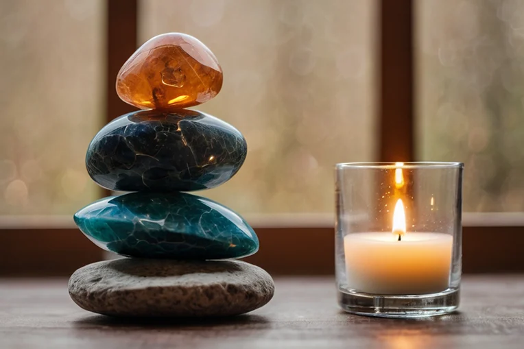 Energie e visione olistica con le proprietà delle pietre naturali Cristallo terapia pietre con candela per meditazione e cura del benessere con la terapia olistica